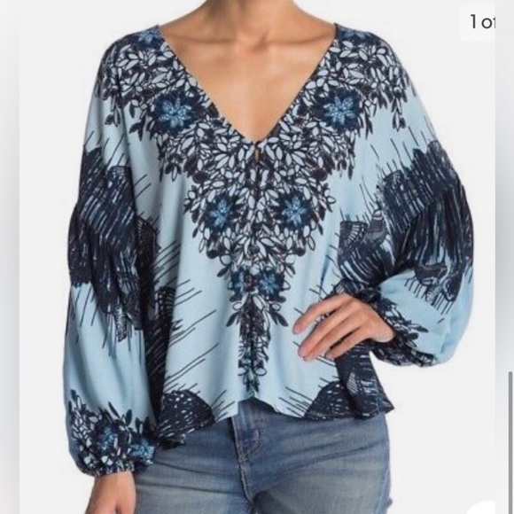 Free People Birds of a Feather Blue Floral Blouse - Picture 2 of 9